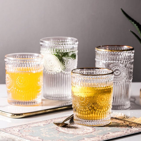 6Pcs Gold Rimmed Embossed Floral Glass Set