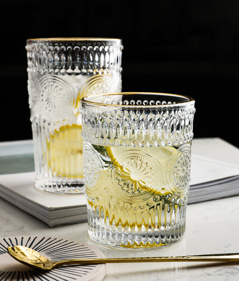 6Pcs Gold Rimmed Embossed Floral Glass Set