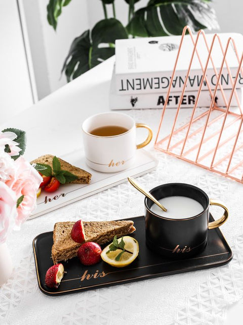 His And Her Paired Coffee Mugs With Trays