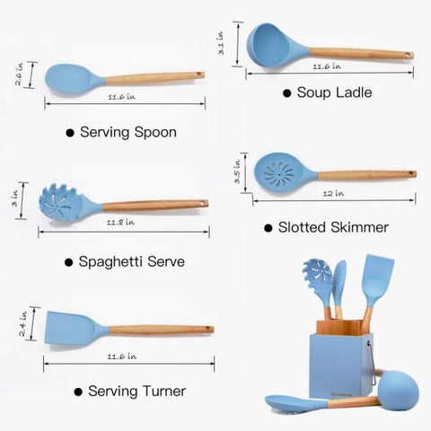 Silicone And Bamboo Non Stick Spoon Set With Holder