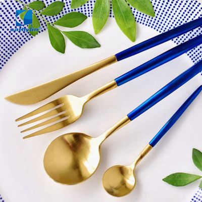 24Pcs Luxury Modern Blue And Gold Cutlery Set