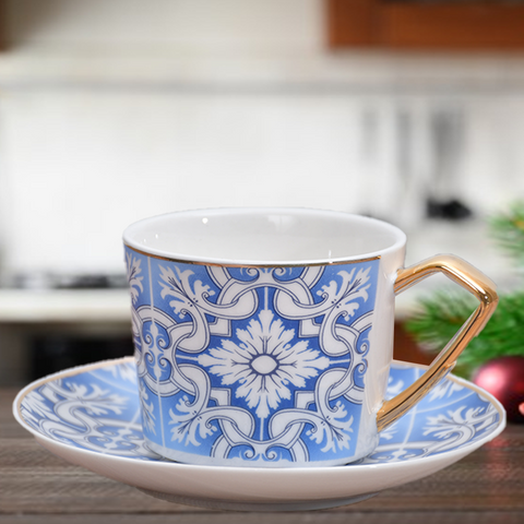 12Pcs Blue Floral Ceramic Cup Set