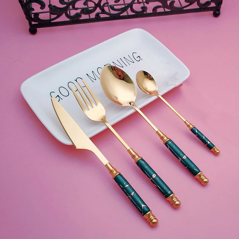 4Pcs Stainless Steel Green Marblene Cutlery Set