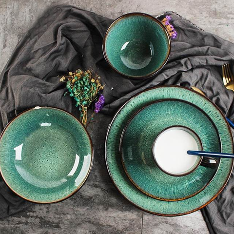 16Pcs Reactive Glaze Black Green Breakfast Serving Set