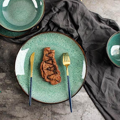 16Pcs Reactive Glaze Black Green Breakfast Serving Set