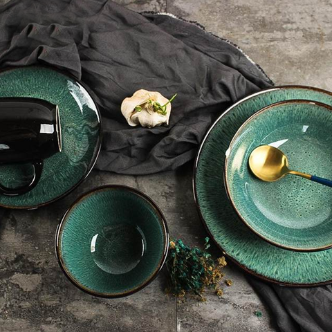 16Pcs Reactive Glaze Black Green Breakfast Serving Set