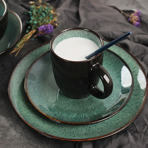 16Pcs Reactive Glaze Black Green Breakfast Serving Set