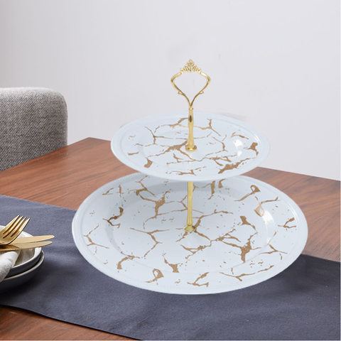 2 Tier Cake Serving Tray- White Marblene Pattern