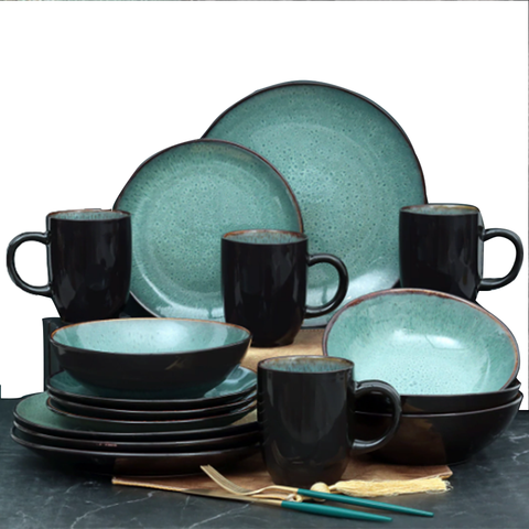 16Pcs Reactive Glaze Black Green Breakfast Serving Set