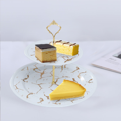 2 Tier Cake Serving Tray- White Marblene Pattern