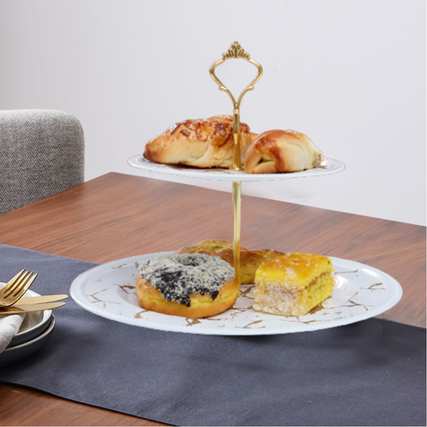 2 Tier Cake Serving Tray- White Marblene Pattern