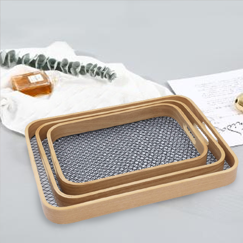 3 PCS Serving Tray- Wooden Rattan Pattern