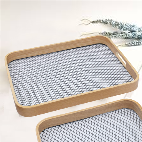3 PCS Serving Tray- Wooden Rattan Pattern