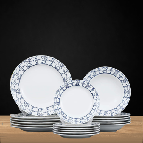 18Pcs Blue Patterned White Bon China Dinner Set