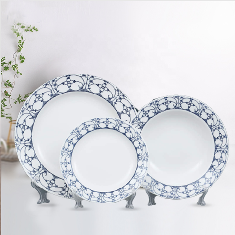 18Pcs Blue Patterned White Bon China Dinner Set