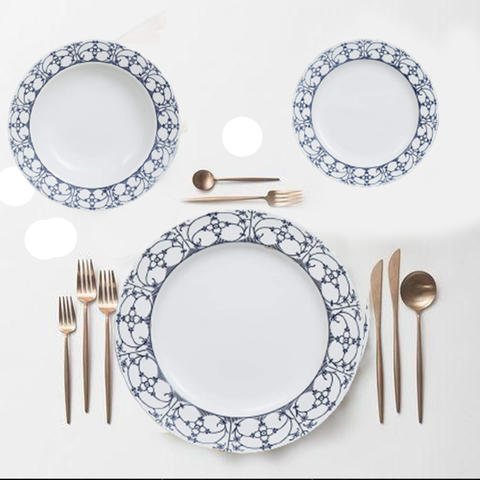 18Pcs Blue Patterned White Bon China Dinner Set