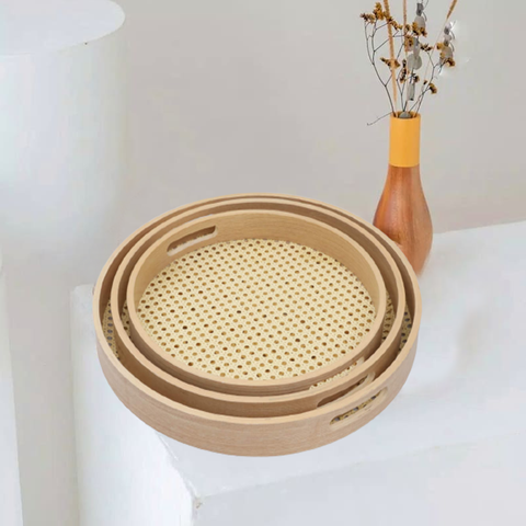 Round Serving Tray- Wooden Rattan Pattern