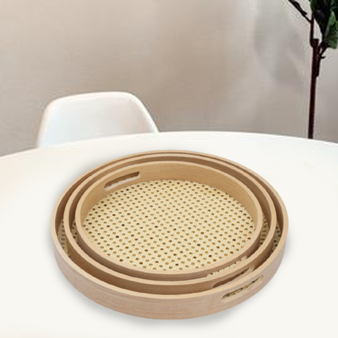 Round Serving Tray- Wooden Rattan Pattern