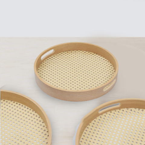 Round Serving Tray- Wooden Rattan Pattern
