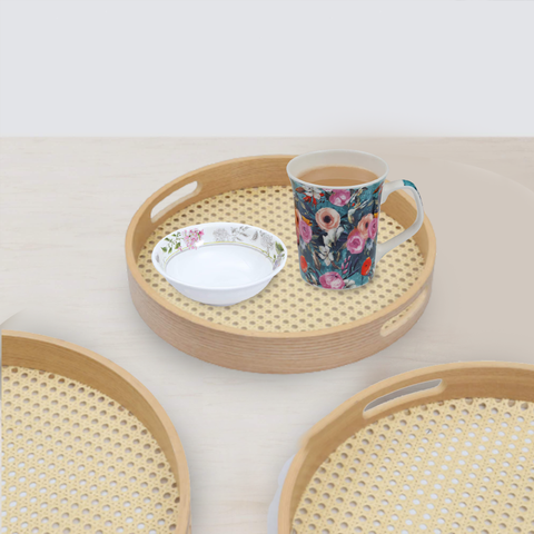 Round Serving Tray- Wooden Rattan Pattern