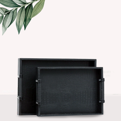 Pair of Black Serving Tray Diamond Engraved Classic PU Leather