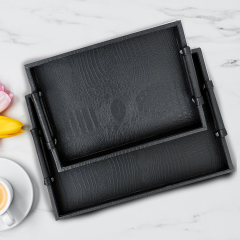 Pair of Black Serving Tray Diamond Engraved Classic PU Leather