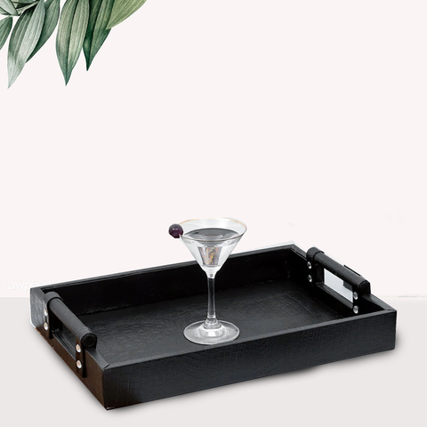 Pair of Black Serving Tray Diamond Engraved Classic PU Leather