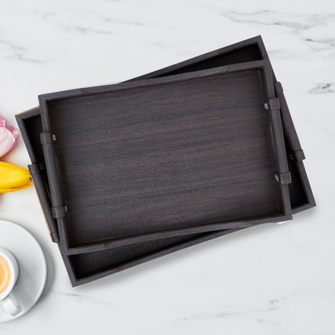 Pair of Black Serving Tray Diamond Engraved Decorative PU Leather