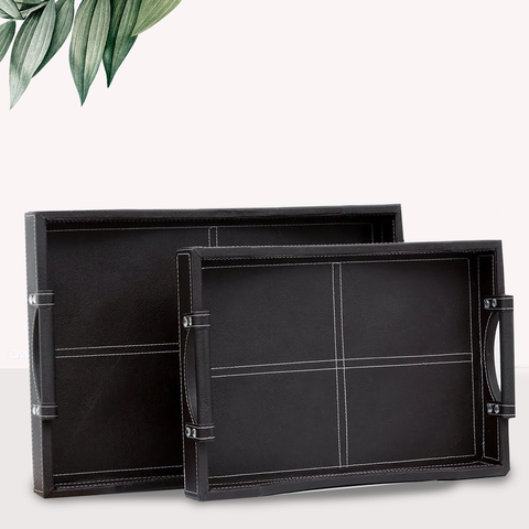 Pair of  PU Leather  Decorative Stitches Serving Tray