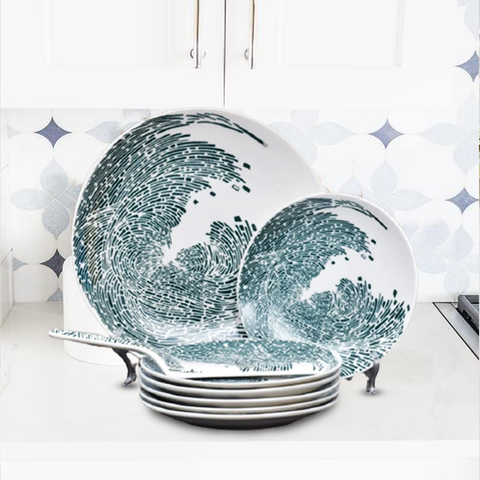 8Pcs Green Waves Ceramic Cake Set