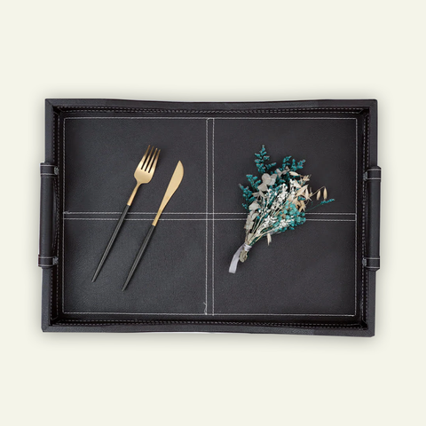 Pair of  PU Leather  Decorative Stitches Serving Tray