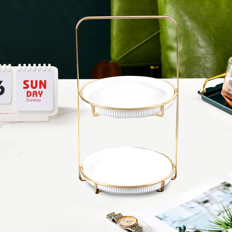 2 Tier Nordic Style Round Marble Serving Tray - White