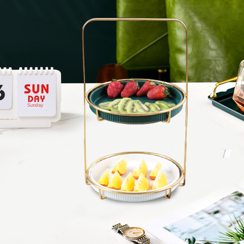 2 Tier Nordic Style Round Marble Serving Tray-white& green