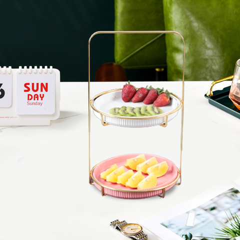 2 Tier Nordic Style Round Marble Serving Tray-white& pink