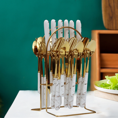 24Pcs White Marble Cutlery Set
