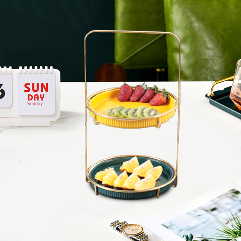 2 Tier Nordic Style Round Marble Serving Tray-yellow & green
