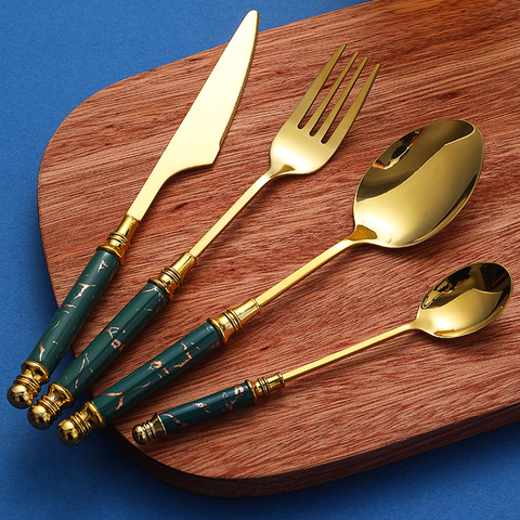 4Pcs Stainless Steel Green Marblene Cutlery Set