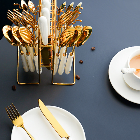 24Pcs White Marble Cutlery Set