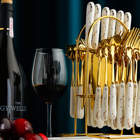 24Pcs White Marble Cutlery Set