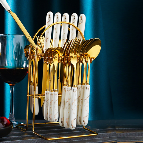 24Pcs White Marble Cutlery Set