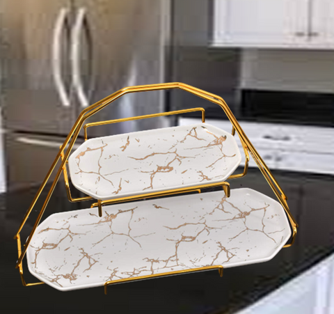 Serving Tray- 2 Tier White Marble Pattern Dessert