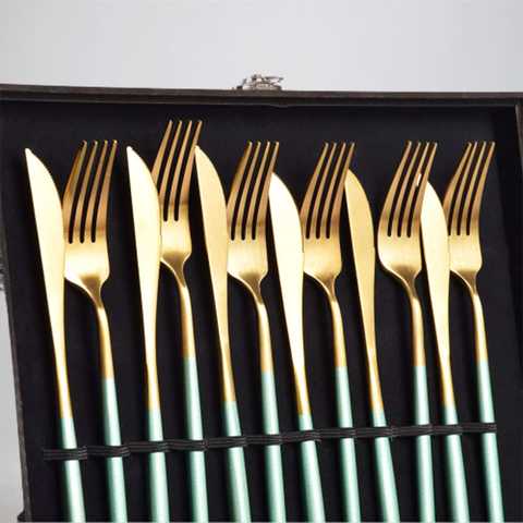 24Pcs Luxury Gold And Light Green Cutlery Set