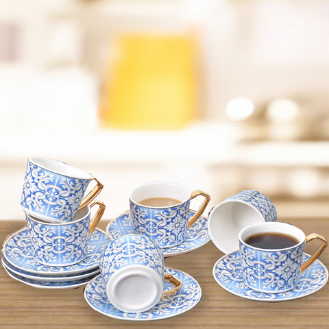 12Pcs Blue Floral Ceramic Cup Set