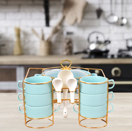 15Pcs Elegant Sky Blue Ceramic Soup Set