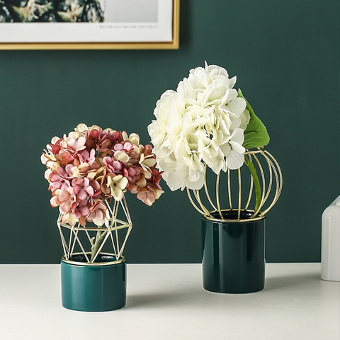 Porcelain Flower Pot- Green Hexagon Crown