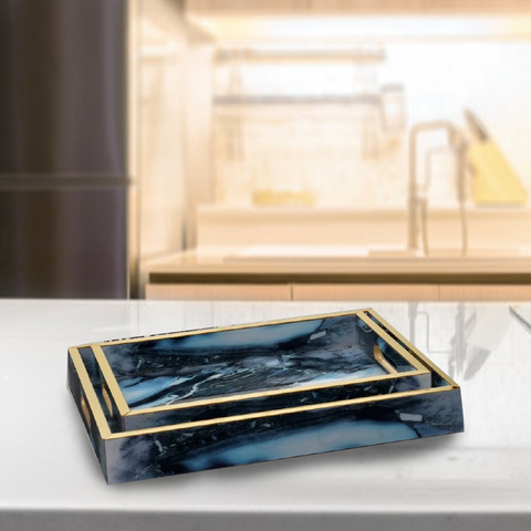 Serving Tray Blue Marble Pattern Wooden- (Pair)