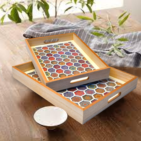 Serving Tray Pair of Circular Wedge Rectangular Wooden