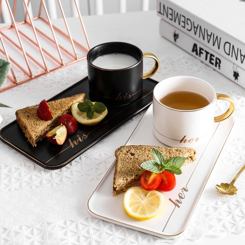 His And Her Paired Coffee Mugs With Trays