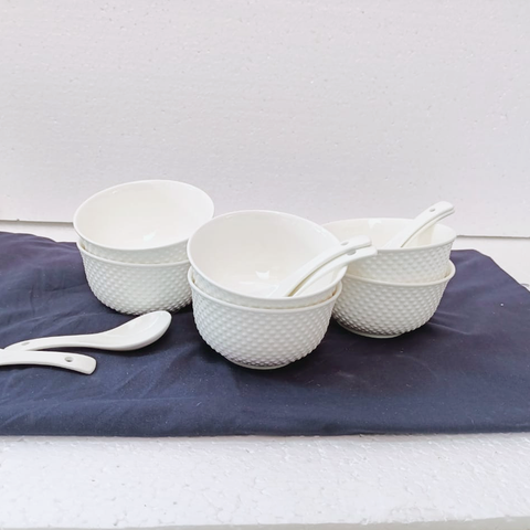 14Pcs Bumpy Ceramic Soup Bowls with Spoons
