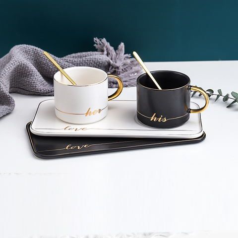 His And Her Paired Coffee Mugs With Trays